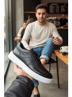 Enoch Hakiki Deri Siyah Beyaz Günlük Bağcıklı Erkek Sneaker Yüksek Comfort Taban