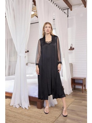 Aria's Closet Arias Closet Dantelli Tüllü ve Dekolteli Saten Sabahlık Takımı