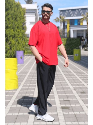 Eydamoon Erkek Kırmızı Penye %10O Pamuk Oversize Rahat Kesim Kısa Kollu T-Shirt