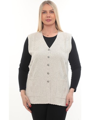 İKSUN Kadın Triko Cepli Kışlık Kalın Yaprak Desenli Anne Yelek