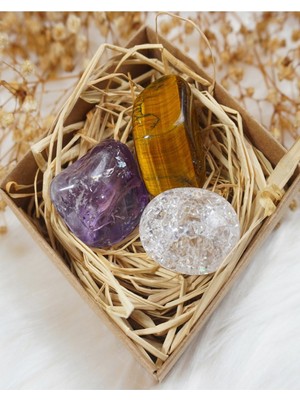 PremiumPort Doğal Ametist, Kristal Kuvars ve Kaplan Gözü Taşı 3’lü Set