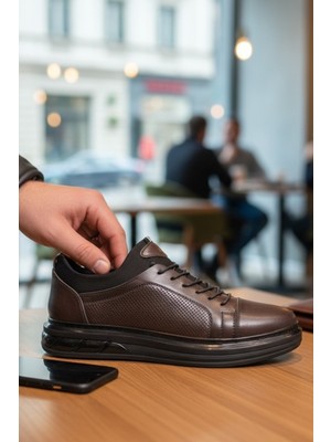 Enoch Hakiki Deri Lazer Kesim Lastikli Günlük Erkek Sneaker Comfort Taban