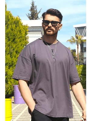 Eydamoon Erkek Füme Oversize Süprem %100 Pamuk Kumaş Bisiklet Yaka T-Shirt