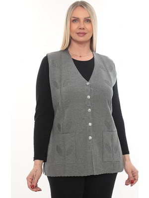 İKSUN Kadın Triko Cepli Kışlık Kalın Yaprak Desenli Anne Yelek