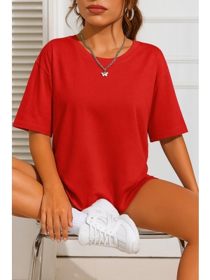 Eydamoon Kadın Oversize Likralı Süprem %100 Pamuk Kumaş Bisiklet Yaka Basic T-Shirt