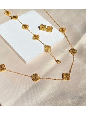 Şöhret Takı Aksesuar Gold Yonca Takımı Kolye Bileklik Küpe Paslanmaz Çelik