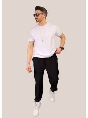 Eydamoon Erkek Siyah Baggy Kesim Kargo Cepli Paça Klipsli Kompak Spor Eşofman Altı