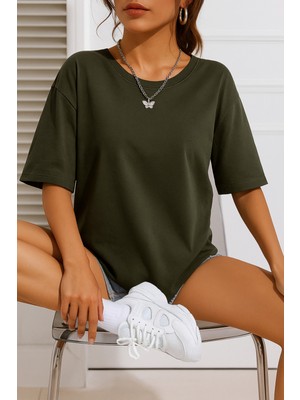 Eydamoon Kadın Oversize Likralı Süprem %100 Pamuk Kumaş Bisiklet Yaka Basic T-Shirt