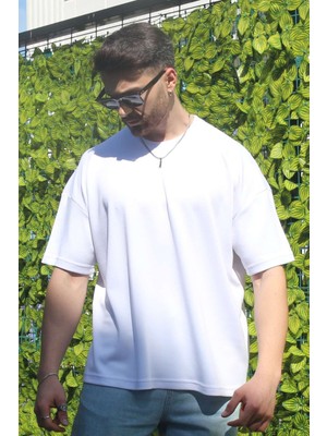 Eydamoon Erkek Beyaz Oversize Modal %100 Pamuk Kumaş Rahat Kesim Bisiklet Yaka T-Shirt
