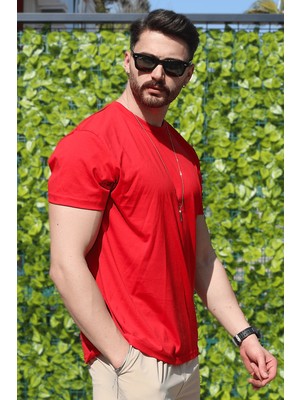 Eydamoon Erkek Kırmızı Regular Likralı Süprem Kumaş %100 Pamuklu Bisiklet Yaka Kısa Kollu T-Shirt