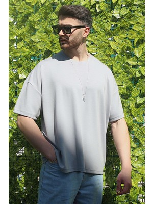 Eydamoon Erkek Gri Oversize Modal %100 Pamuk Kumaş Rahat Kesim Bisiklet Yaka T-Shirt