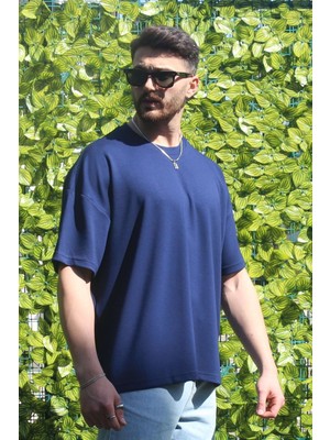 Eydamoon Erkek Lacivert Oversize Modal %100 Pamuk Kumaş Rahat Kesim Bisiklet Yaka T-Shirt