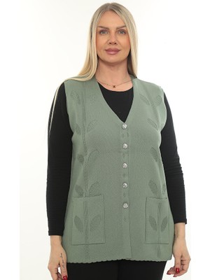 İKSUN Kadın Triko Cepli Kışlık Kalın Yaprak Desenli Anne Yelek