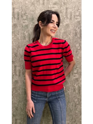 Leilaa Bisiklet Yaka Çizgili Triko Kazak