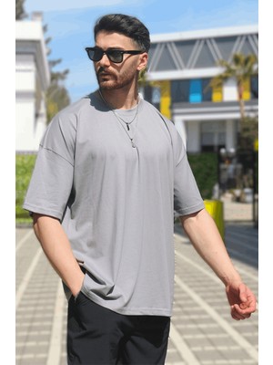 Eydamoon Erkek Gri Oversize Süprem %100 Pamuk Kumaş Bisiklet Yaka T-Shirt