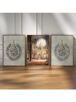 Pam Studio Cami Iç Mekânı & Islami Hat Yazılı 3’lü Tablo Seti | Manevi Atmosferli Duvar Dekoru