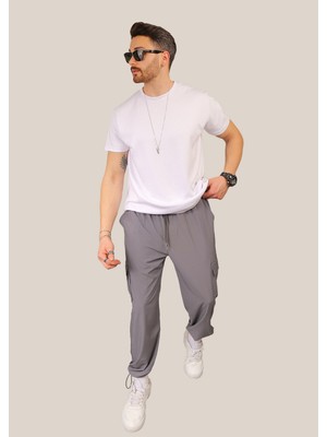 Eydamoon Erkek Metalik Baggy Kesim Kargo Cepli Paça Klipsli Kompak Spor Eşofman Altı
