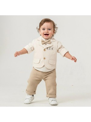 Butik Erkek Bebek Papyon Detaylı %100 Pamuklu Yelekli 4 Parça Takım Özel Gün Takım