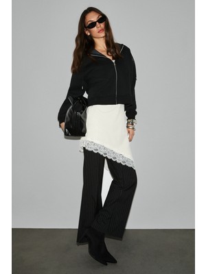 Grimelange Vyselle Kadın Önü Kesikli Metal Fermuarlı Kapüşonlu Etiket Detaylı Oversize Siyah Sweatshirt