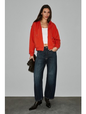 Grimelange Vyselle Kadın Önü Kesikli Metal Fermuarlı Kapüşonlu Etiket Detaylı Oversize Kırmızı Sweatshirt