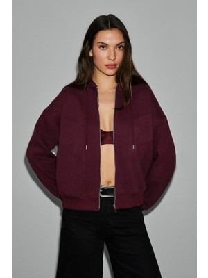 Grimelange Vyselle Kadın Önü Kesikli Metal Fermuarlı Kapüşonlu Etiket Detaylı Oversize Bordo Sweatshirt