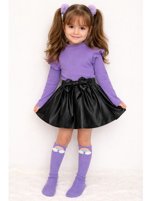 Özge Başaran Kız Çocuk Mor Ribana Badi, Siyah Deri Etek ve Gökkuşağı Çorap 3’lü Takım