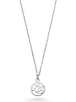 Oya Silver Minimal Yuvarlak Çerçeveli Allah Yazısı Gümüş Kolye 2.5x1.3cm [OYSY155]