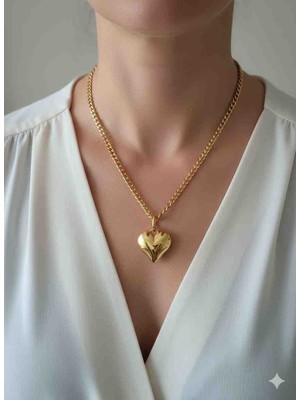 Moda Marifet Çelik Gold Kalp Detaylı Kolye
