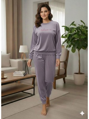 Boston Kadife Baskılı Kadın Pijama Takımı