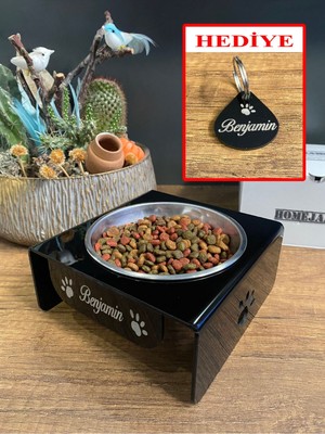 Feyza Design Siyah Metal ve Pleksi Kedi Köpek Mama ve Su Kabı, Isme Özel Künye Hediyeli
