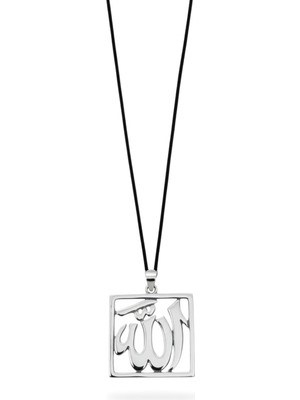 Oya Silver Kare Çerçeveli Allah Yazılı Cilalı Gümüş Kolye 3x2.5cm [OYSY149]