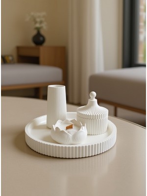 Nox Atelier 4’lü Modern Dekoratif Tabak Seti -Tabak - Vazo - Lotus Mumluk ve Kapaklı Kase Beyaz