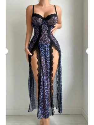 Albonishop Mavi Leopar Desenli Tanga Dahil Yırtmaçlı Dantel Detaylı Uzun Fantezi Gecelik