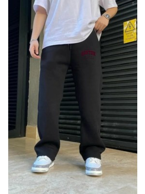 Eydamoon Erkek Kışlık Baggy Pamuk ve Yünlü Boston Yazılı Bol Paça Yan Cepli Eşofman Altı