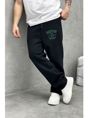 Eydamoon Erkek Kışlık Baggy Pamuklu Boston Baskılı Bol Paça Yan Cepli Eşofman Altı