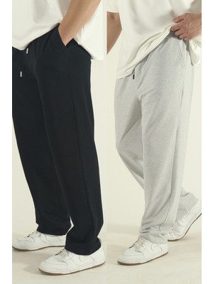 Eydamoon Erkek Bol Paça Eşofman Altı Rahat Kalıp Örme Kumaş Siyah-Gri Tüm Sezonlar İçin