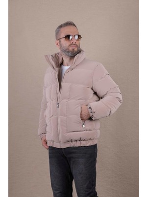 Ohepmoda Dik Yaka Erkek Şişme Mont Sütlü Kahve Renkli Su Geçirmez Özellikli Slim Fit Tasarım