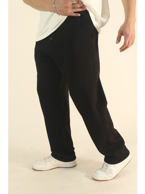 Eydamoon Erkek Siyah Baggy Kışlık Içi Yünlü Puf Kumaş Bol Paça Eşofman Altı