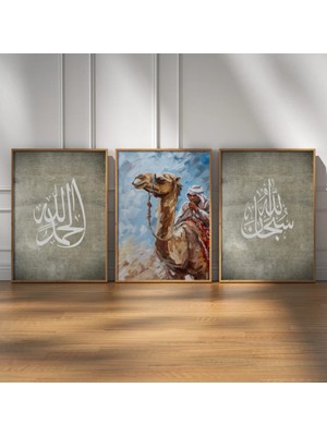 Pam Studio Islami Üçlü Tablo Seti | Deve Figürlü Çöl Teması ve Hat Sanatı | Manevi ve Kültürel Duvar Dekoru