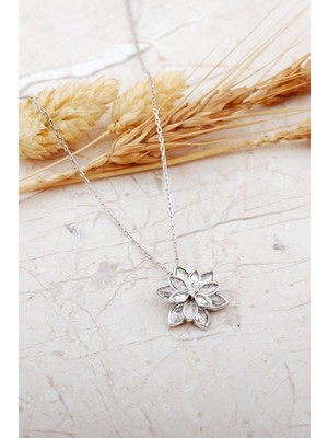 Sümer Telkari 925 Ayar Gümüş Taşlı Lotus Çiçeği Kolye 8102