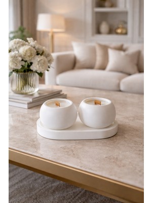 Nox Atelier 2’li Mat Beyaz Dekoratif Mum – Ahşap Fitilli, Altlıklı Minimal Mum Seti