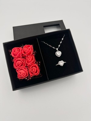 PremiumPort Gümüş Kalpli Kolye ve Yüzük Seti, Özel 14 Şubat Hediye Kutusu