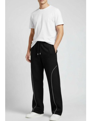 Eydamoon Erkek Baggy Biye Detaylı Bel Lastikli Rahat Kalıp Geniş Paçalı Eşofman Altı