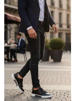 Enoch Hakiki Deri Düz Taban Siyah Beyaz Günlük Erkek Sneaker Comfort Taban