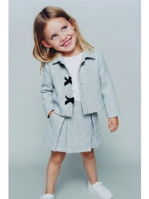 Magu Kız Çocuk Pamuklu Mavi Dokulu Ceketli Etek Takım – T-Shirt Dahil 3'lü