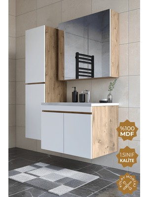 Teta Home Tokyo 80 Cm Atlantik Çam-Beyaz Mdf Banyo Dolabı Seti +Boy Dolabı