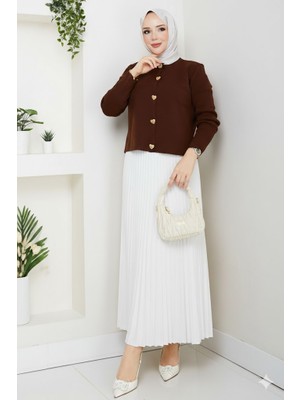 RFK Butik Kadın Triko Gold Kalpli Hırka Piliseli Etekli Takım - Kahverengi-Beyaz