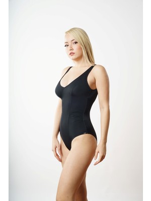 Louren Kadın Siyah V Yaka Toparlayıcı Mayo – Korse Detaylı, Drapeli Bel, Büyük Beden Uyumlu