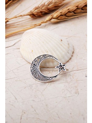 Sümer Telkari Ay Yıldız Telkari Işlemeli Elişi Lal Taşlı 925 Ayar Gümüş Broş 363