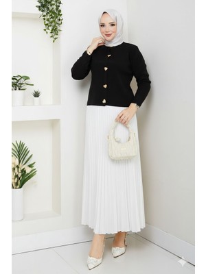 RFK Butik Kadın Triko Gold Kalpli Hırka Piliseli Etekli Takım - Siyah-Beyaz